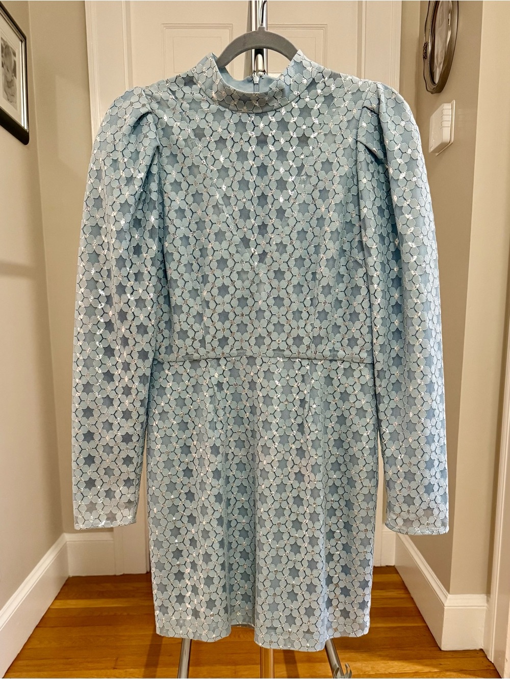 Light Blue with Silver Lace Dress with Puff Shoulders